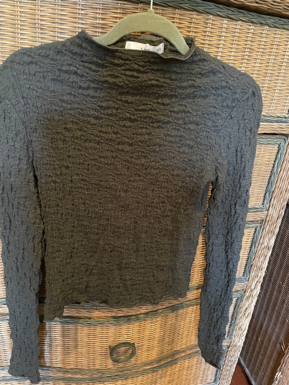 Mango Black Crinkle Mock Neck Long-Sleeve Top